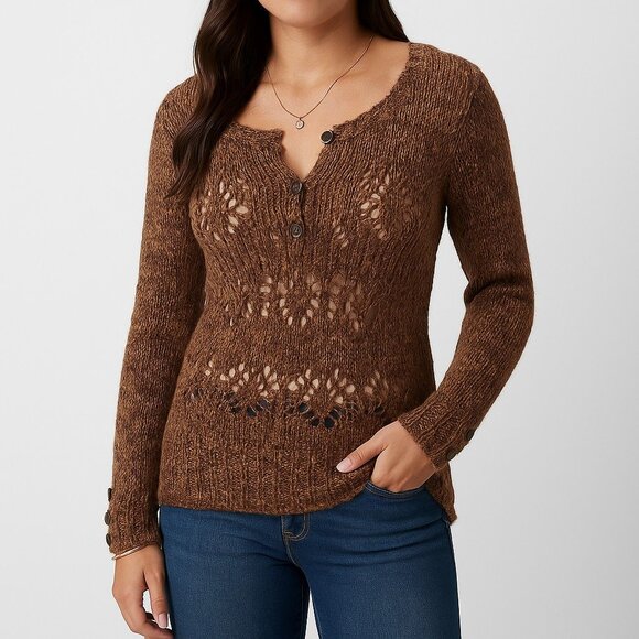 BKE Brown Marled Knit Sweater L 1/4 Button Up Long Sleeve Open Weave Boho - Picture 1 of 16
